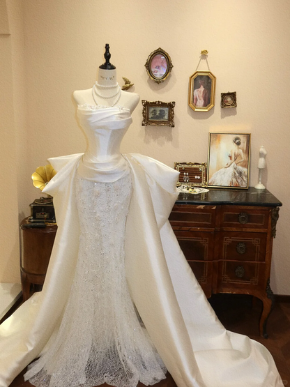 Beautiful Mermaid Strapless Beaded Lace Satin Long Prom Dress Wedding Dress SH7403
