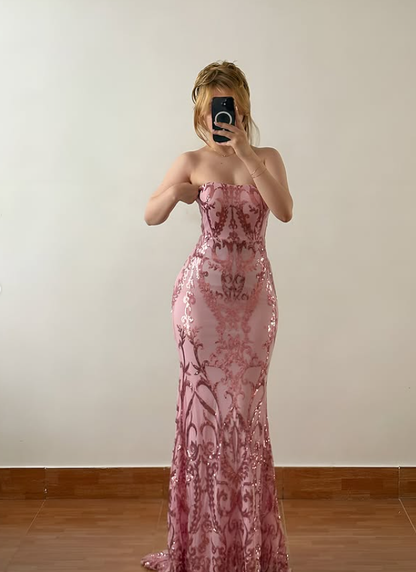 Shiny Pink Sequin Mermaid Strapless Long Train Prom Dress Evening Dress SH6888