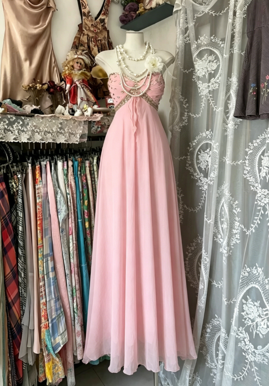 Vintage Pink A Line Strapless Beaded Chiffon Prom Dress Evening Dress SH5853