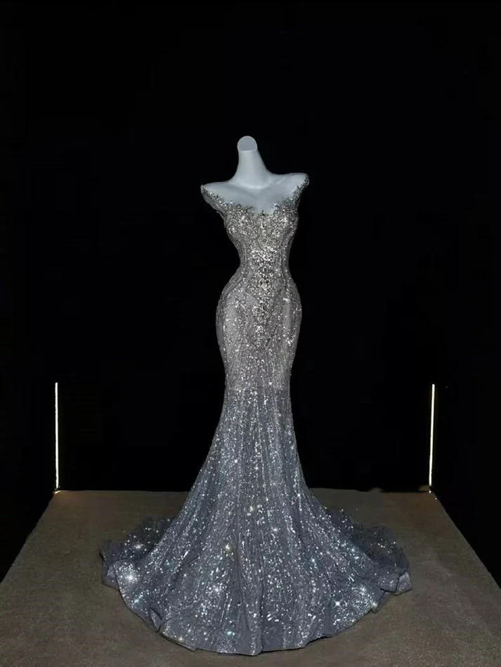 Shiny Dreamy Mermaid V Neck Silver Sequin Long Party Dress Evening Dress Date Dress SH3461