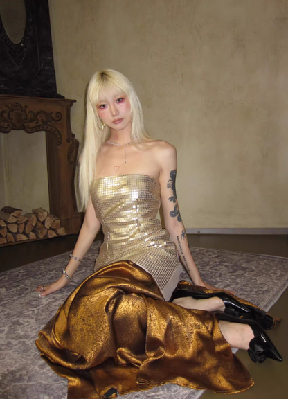 Sexy Golden Mermaid Strapless Sequin Satin Long Prom Dress Outfits with Slit SH4928