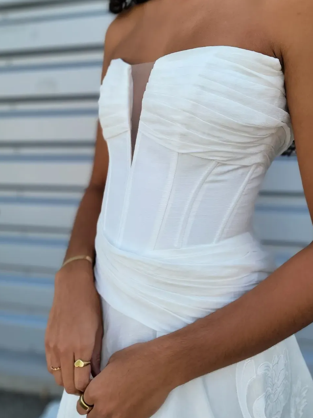 Charming A Line Strapless Corset White Print Satin Wedding Dress SH7119
