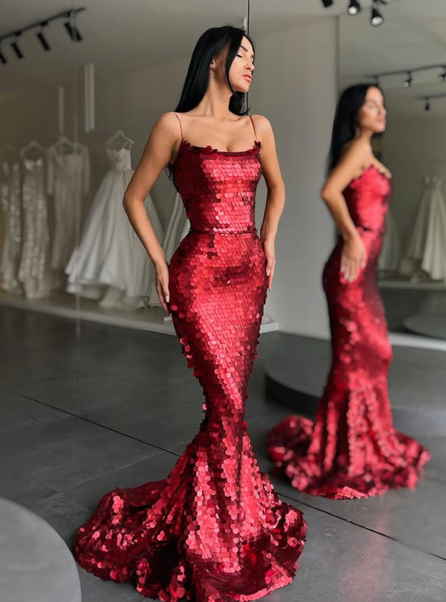 Sexy Burgundy Mermaid Spaghetti Strap Sequin Prom Dress Evening Dress SH6128