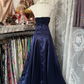 Navy Blue Vintage A Line Strapless Bow Chiffon Satin Graduation Prom Dress SH5377