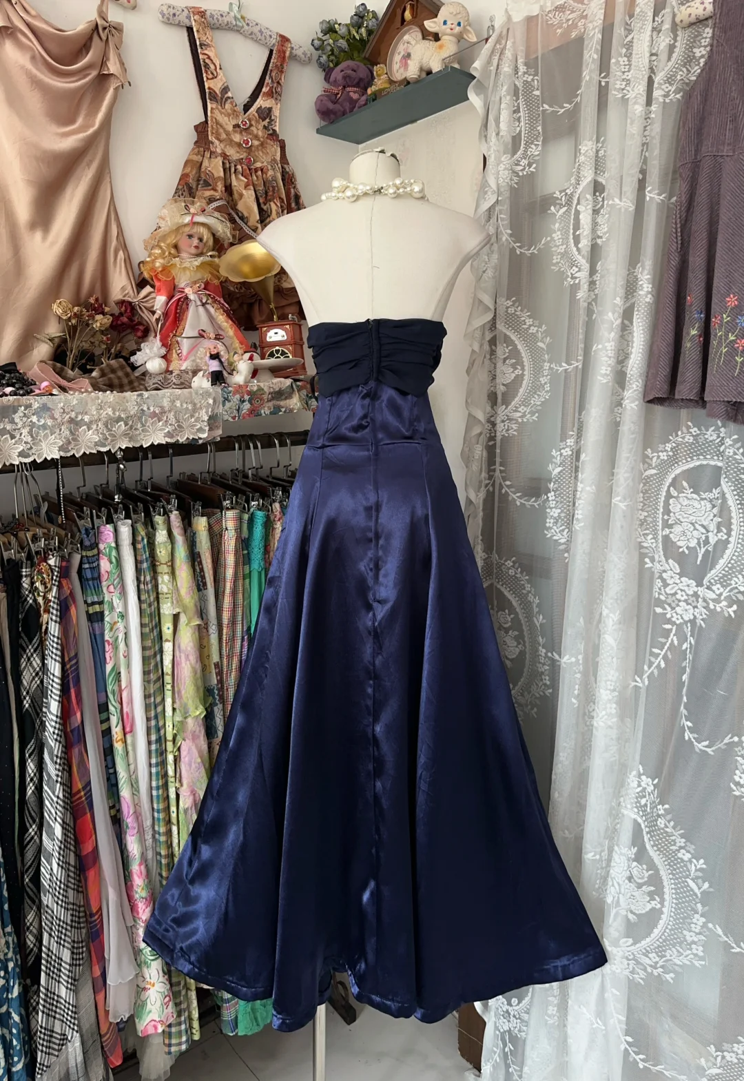 Navy Blue Vintage A Line Strapless Bow Chiffon Satin Graduation Prom Dress SH5377