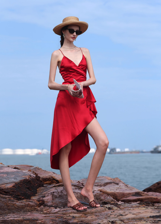 Burgundy A Line Spaghetti Strap Satin Open Back Short Homecoming Dress Vacation Dress Outfits SH3995
