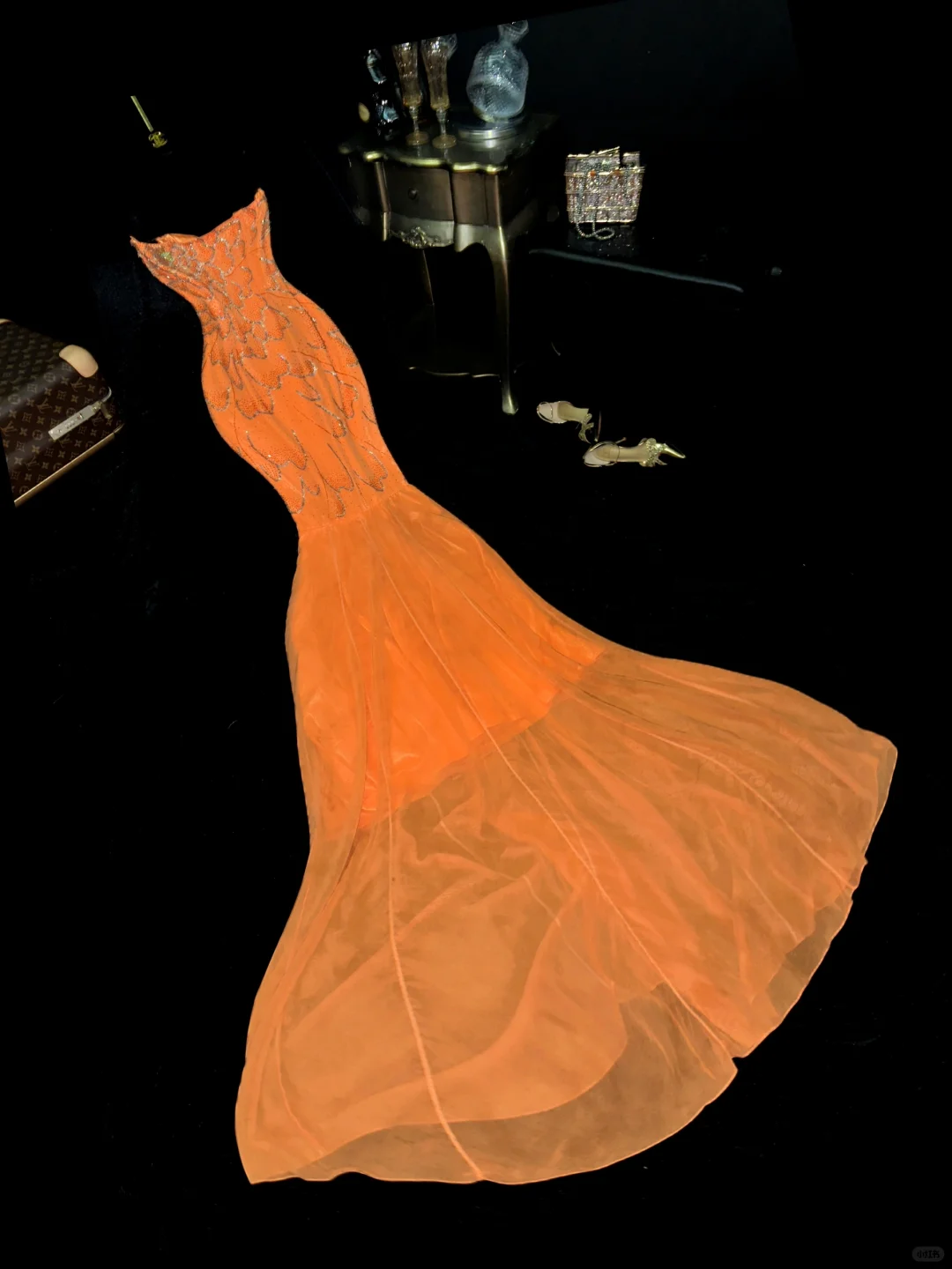 Stunning Mermaid Strapless Beaded Sequin Orange Chiffon Long Prom Dress Party Dress SH3043