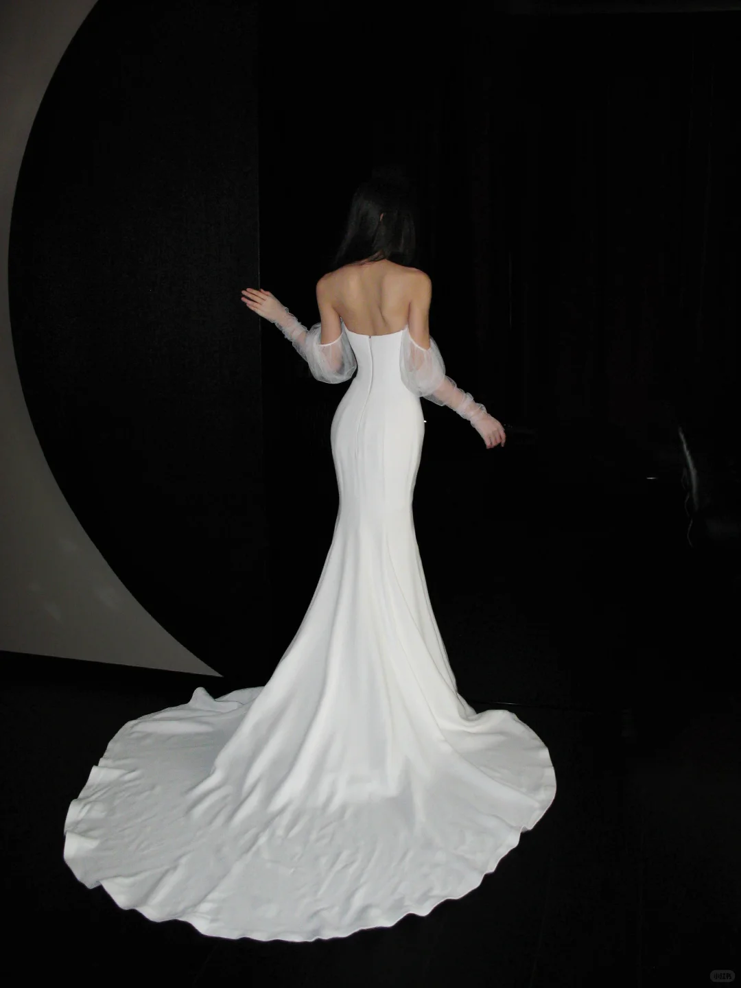 Sexy Mermaid Long Sleeve White Satin Tulle Long Sweep Wedding Dress SH4717