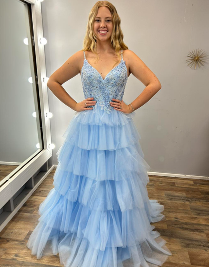 Baby Blue A Line Spaghetti Strap Applique Layered Tulle Prom Dress Evening Dress SH6770