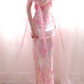Gentle Pink Vintage Sheath Straps Print Floral Chiffon Long Prom Dress Wedding Guest Dress SH5502