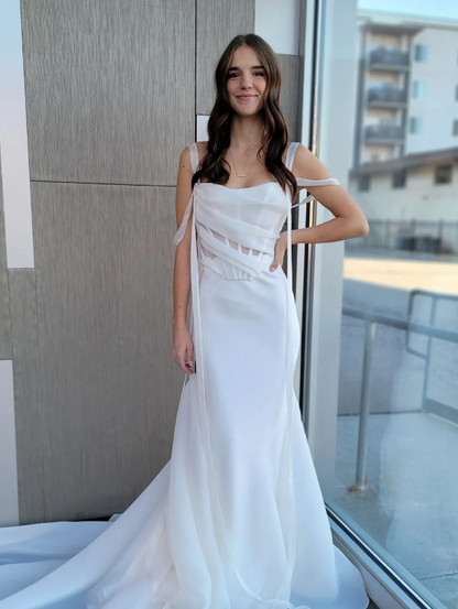 Gentle Mermaid Spaghetti Strap Corset White Chiffon Long Wedding Dress SH7108