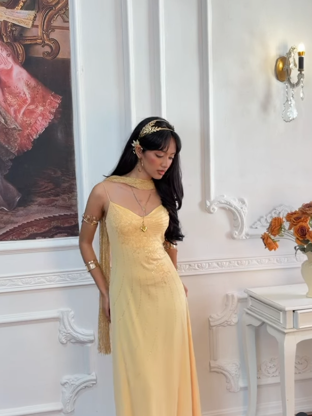 Yellow Vintage A Line Straps Exquisite Beaded Chiffon Prom Dress Graduation Prom Dress SH5489