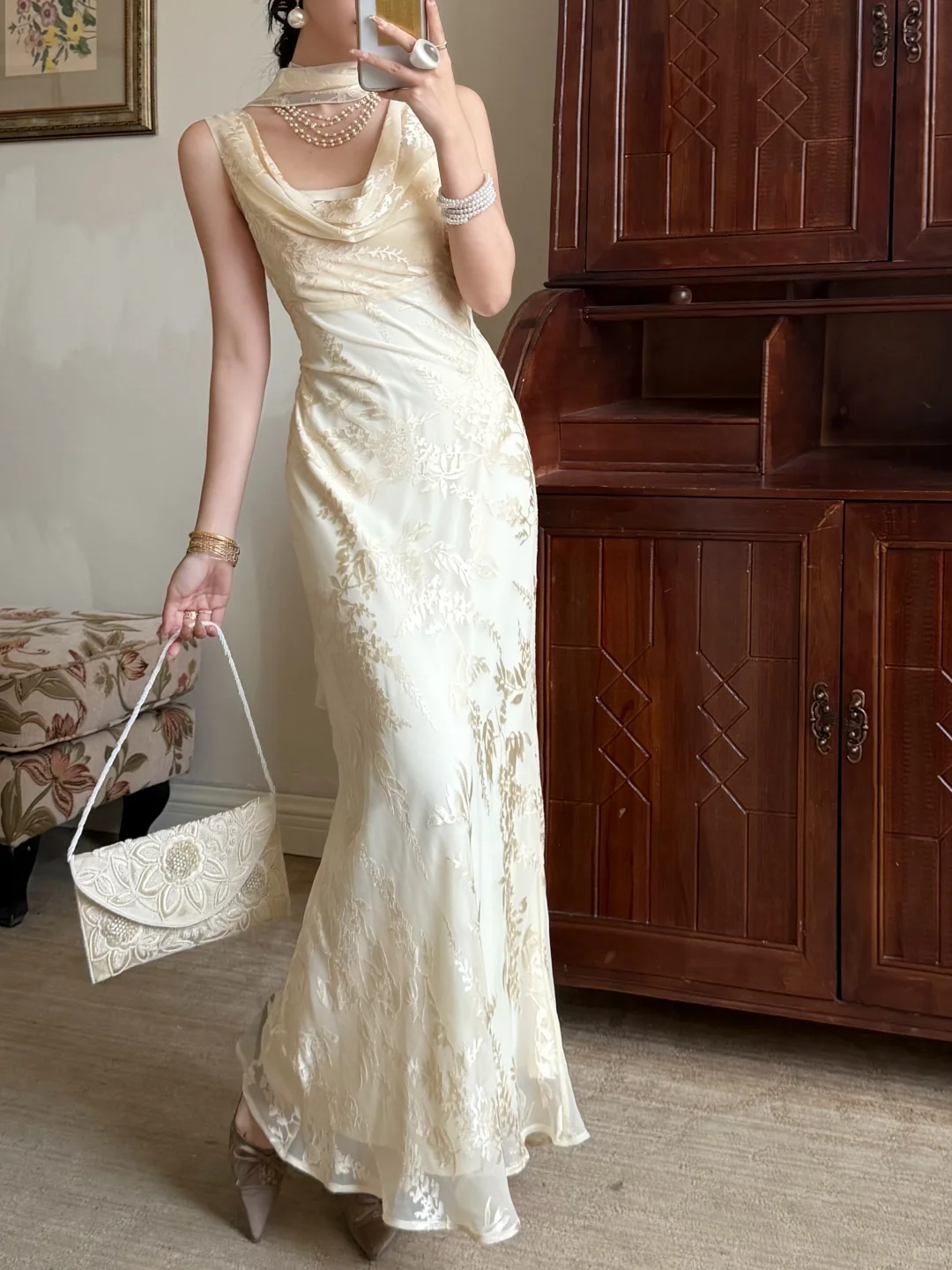 Gentle Mermaid Print Flower Light Champagne Chiffon Long Prom Dress Evening Dress SH6050