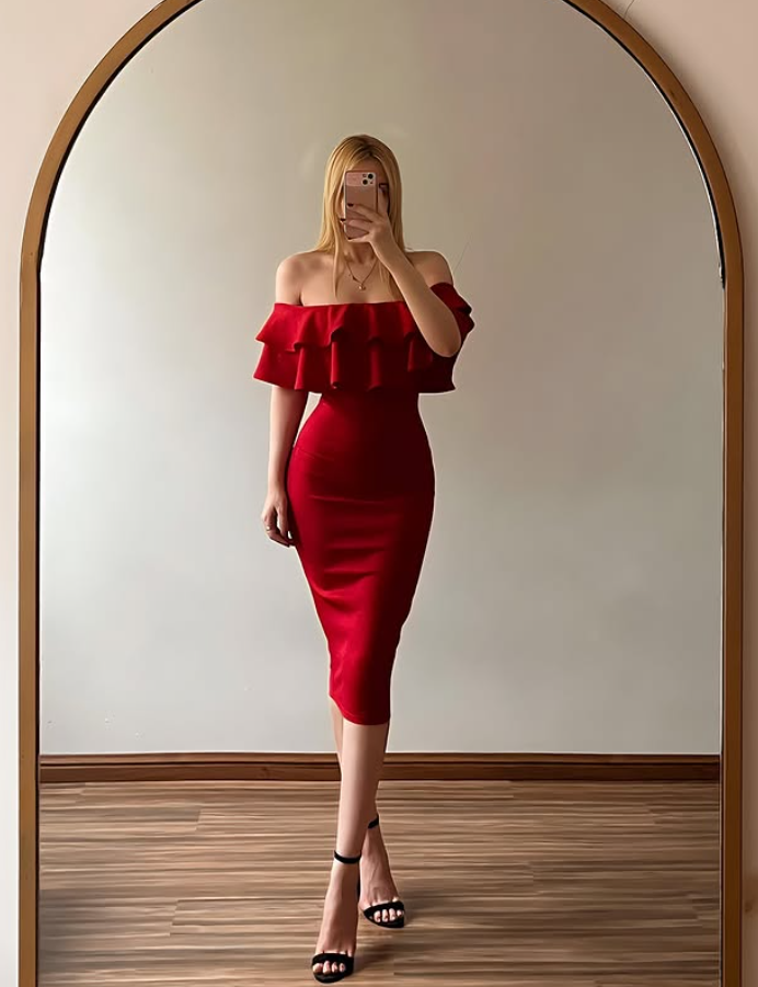 Vintage Red Sheath Off the Shoulder Layered Satin Prom Dress Evening Dress SH6984