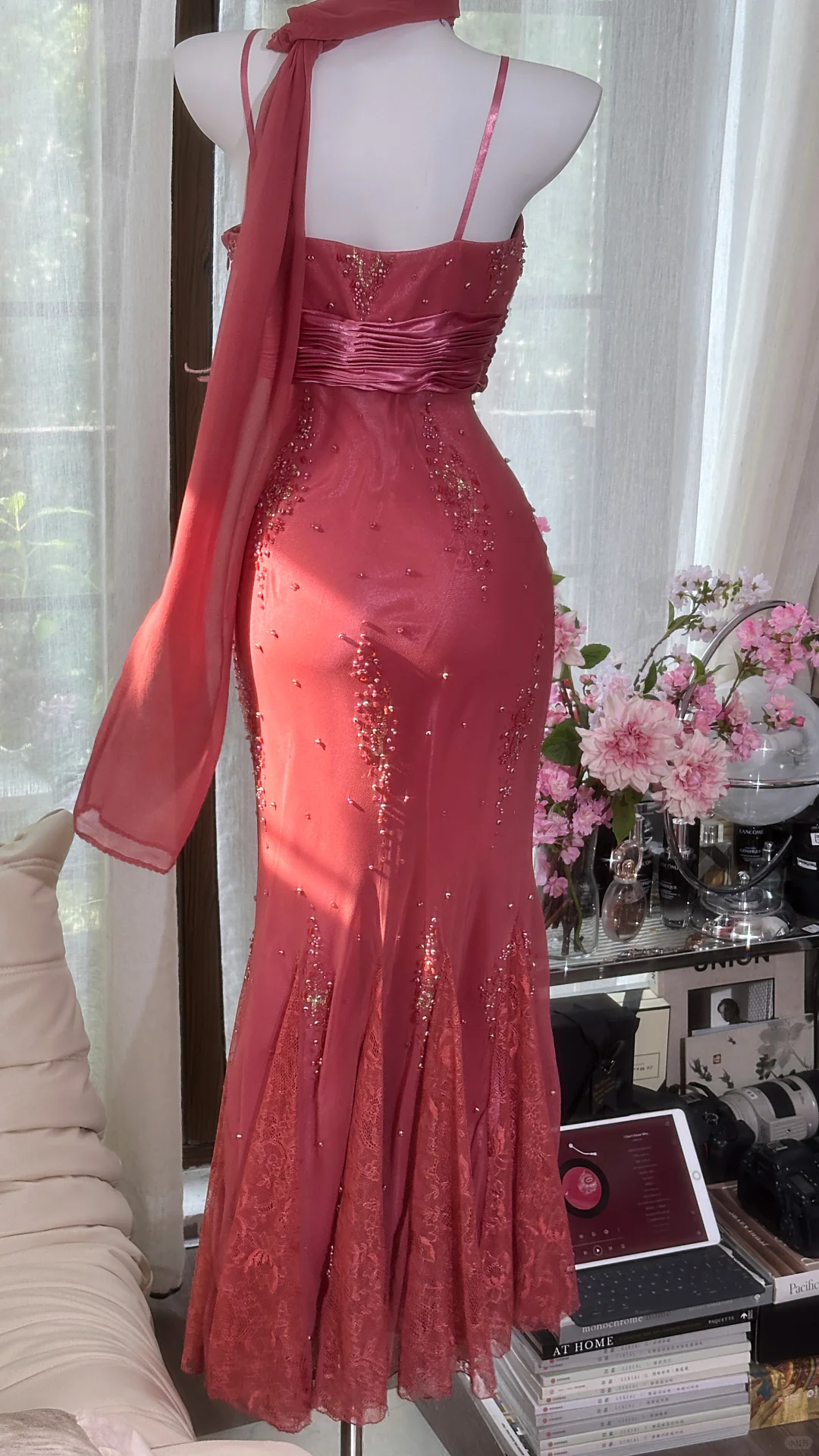 Fairy Red Mermaid Beaded Lace Chiffon Long Graduation Prom Dress SH5345
