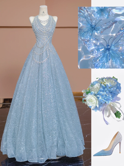 Dreamy Baby Blue A Line Halter Sequin Beaded Tulle Long Prom Dress Party Dress SH4362
