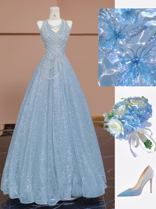 Dreamy Baby Blue A Line Halter Sequin Beaded Tulle Long Prom Dress Party Dress SH4362