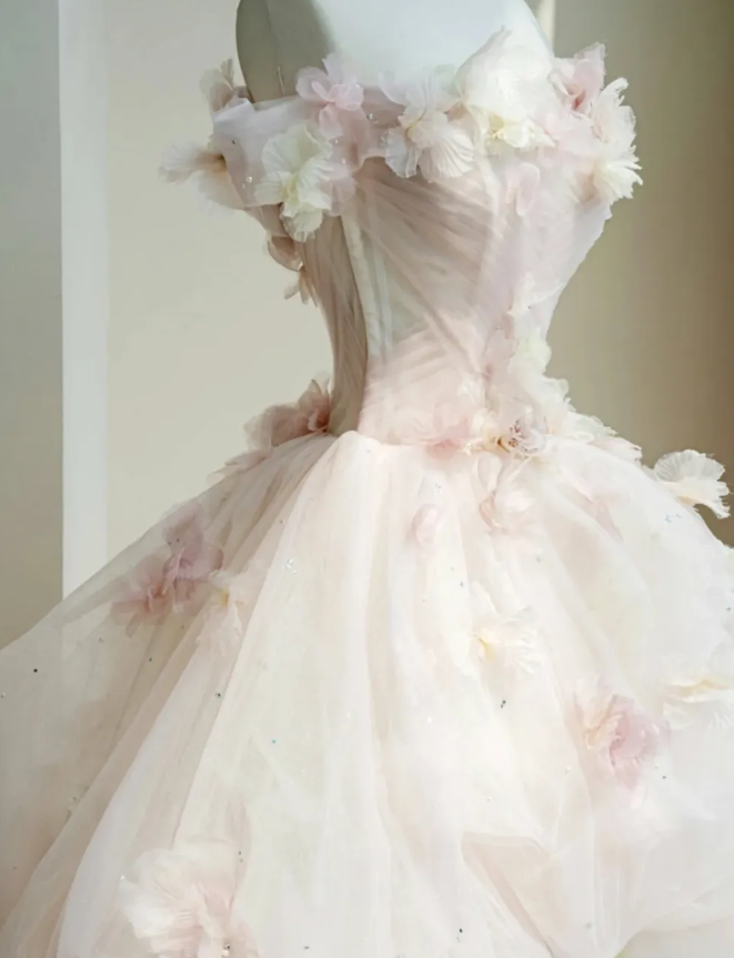 Floral A Line Off the Shoulder Pink Tulle Party Dress Evening Dress SH3374