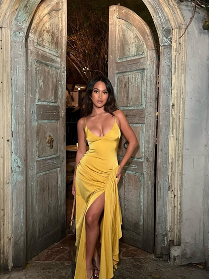 Yellow A Line Spaghetti Strap Satin Long Prom Dress Evening Dress with Slit SH8964
