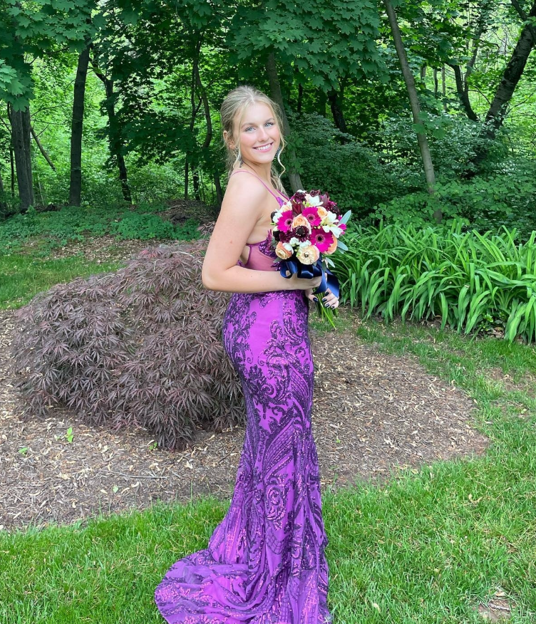 Shiny Purple Sequin Mermaid Spaghetti Straps Tulle Long Prom Dress Date Dress SH6504