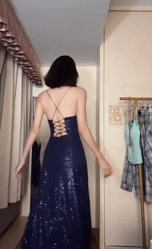 Dark Navy Blue A Line Spaghetti Straps Sequin Prom Dress Party Dress with Slit SH5057