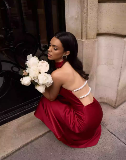 Elegant Mermaid Halter Pearl Burgundy Satin Long Evening Dress Party Dress SH3030