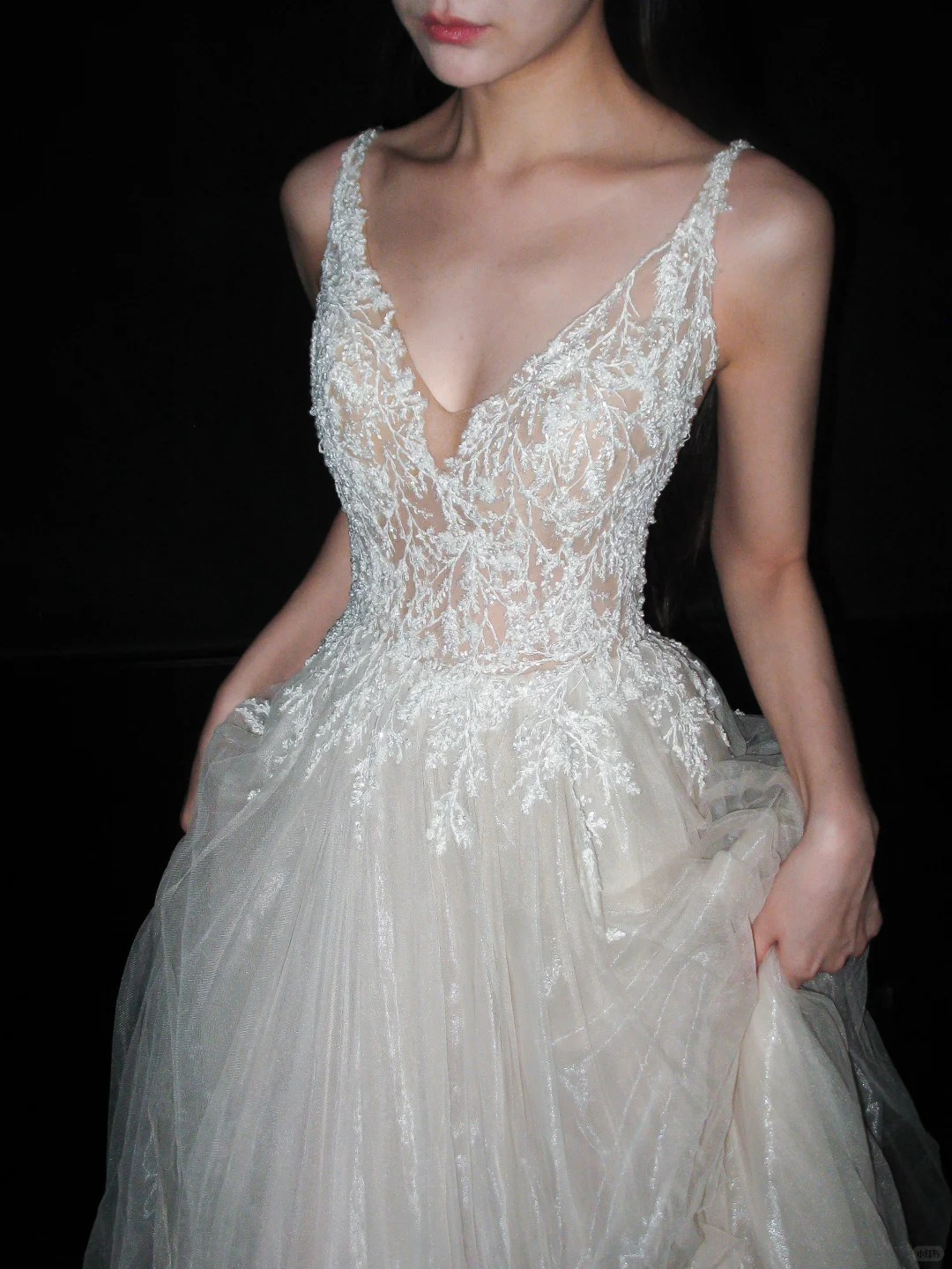 Gentle A Line V Neck Beaded Tulle Long Prom Dress Wedding Dress SH8907