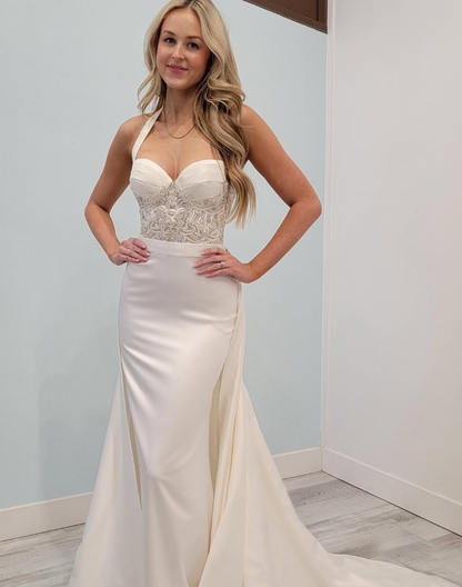 Pretty Mermaid Halter Exquisite Beaded White Satin Long Train Wedding Dress SH7137