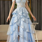 Blue A Line Off the Shoulder Appliques Tiered Petal Tulle Prom Dress Evening Dress SH1901