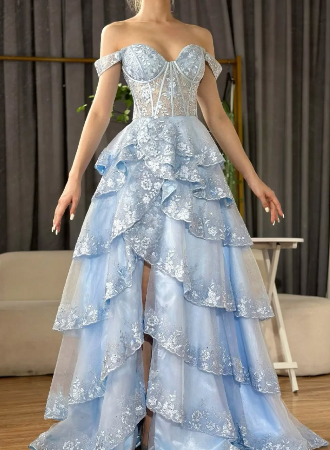 Blue A Line Off the Shoulder Appliques Tiered Petal Tulle Prom Dress Evening Dress SH1901