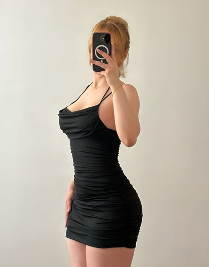Hot Sheath Spaghetti Strap Pleated Black Satin Short Prom Dress Homecoming Dress SH6899