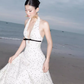 Retro A Line Halter Polka Dot Satin Open Back Prom Dress Evening Dress SH3113