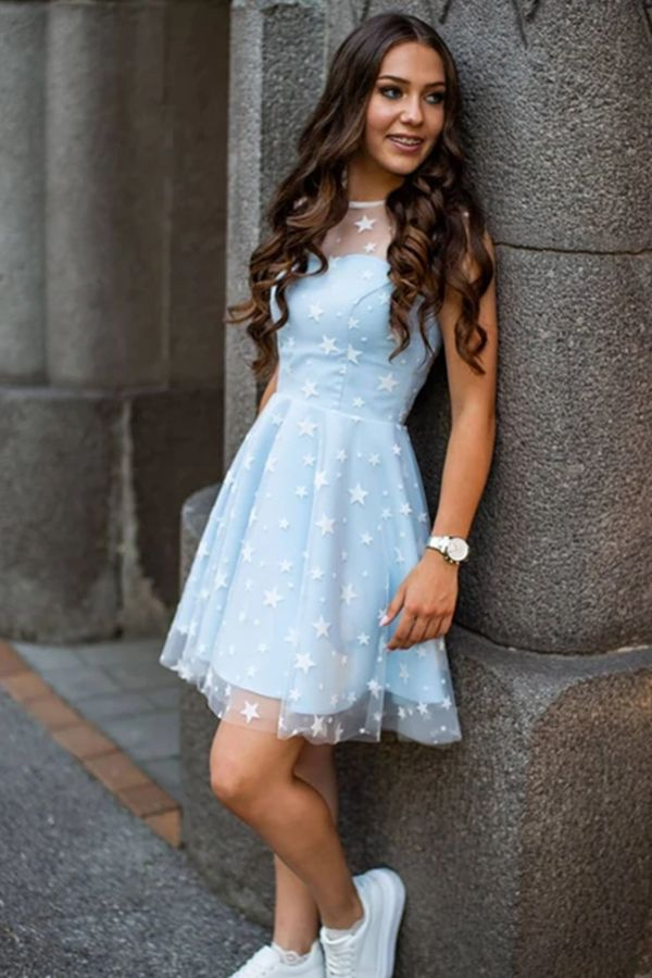 Charming Blue Lace Scoop Short A line Homecoming Dresses SH714