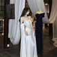 Elegant White A Line Long Sleeve Lace Satin Prom Dress Evening Dress Formal Gown SH3928