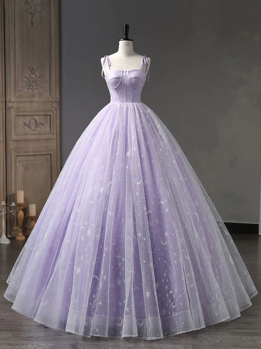 Star and Moon Fantasy Tulle A-Line Long Evening Dress, Blue Formal Sweet 16 Prom Dress Quinceanera Dress SH1063