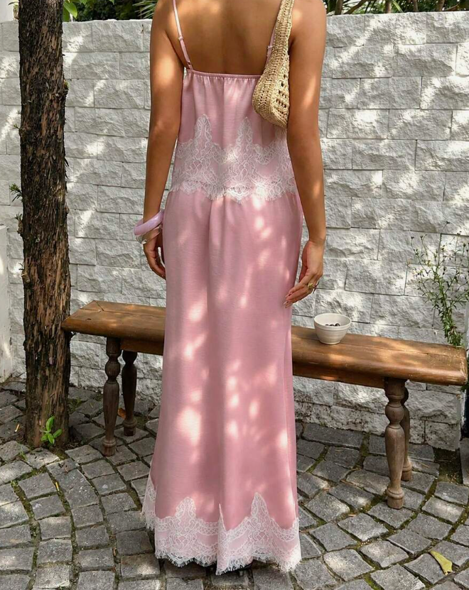 Gentle Pink Sheath Spaghetti Strap Lace Satin Long Prom Dress Evening Dress SH8506