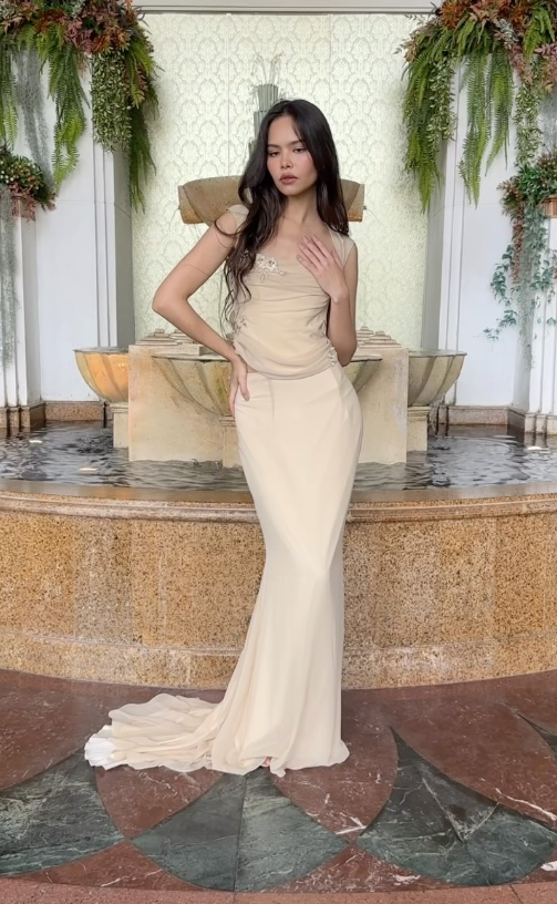 Sexy Two Piece Mermaid Straps Appliques Apricot Chiffon Long Prom Dress SH5339