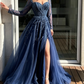 Blue Long Sleeves Slit Prom Dress Long Party Dress Evening Dress SH903