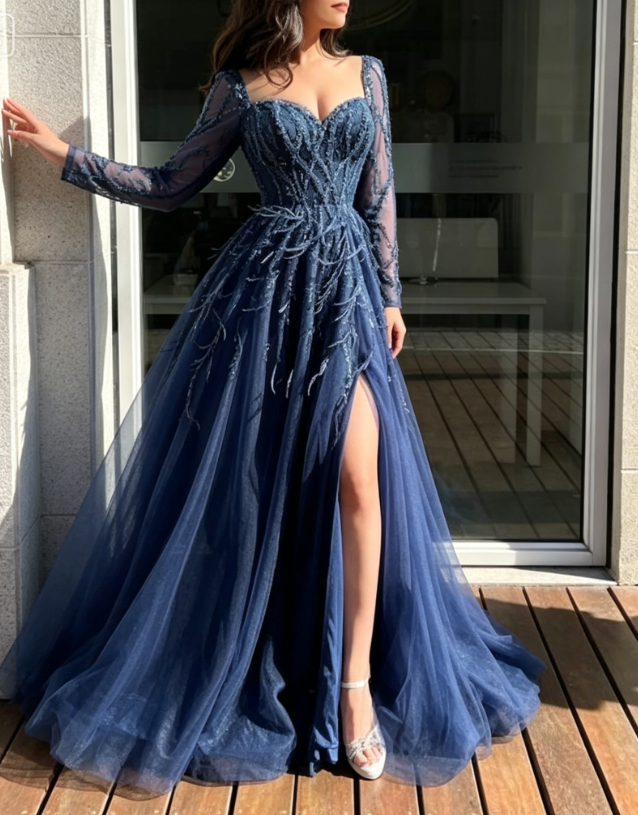 Blue Long Sleeves Slit Prom Dress Long Party Dress Evening Dress SH903