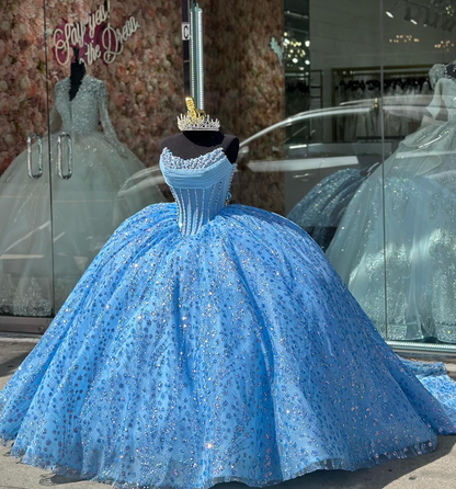 Blue Tulle Appliques Beaded Ball Gown Sweet 16 Dress Quinceanera Dress SH2121