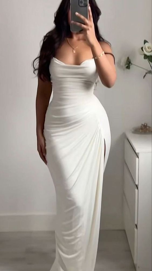 Elegant Mermaid Straps White Chiffon Prom Dress Slit  Birthday Outfits SH1361