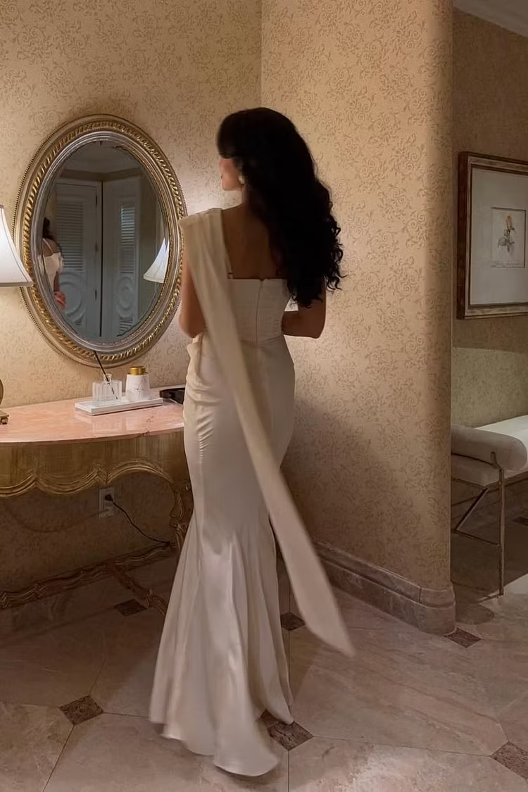 Gentle Ivory Mermaid Strap Satin Long Prom Dress Evening Dress SH8566