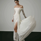 Stylish Mermaid Long Sleeve V Neck White Lace Tulle Wedding Dress with Slit SH8914