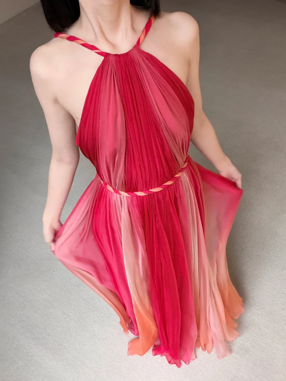 Elegant A Line Halter Pink Ombre Chiffon Long Prom Dress Evening Dress SH7701