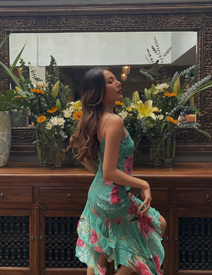 Vintage Mermaid Spaghetti Strap Ruffle Beaded Chiffon Evening Dress Outfits SH2007