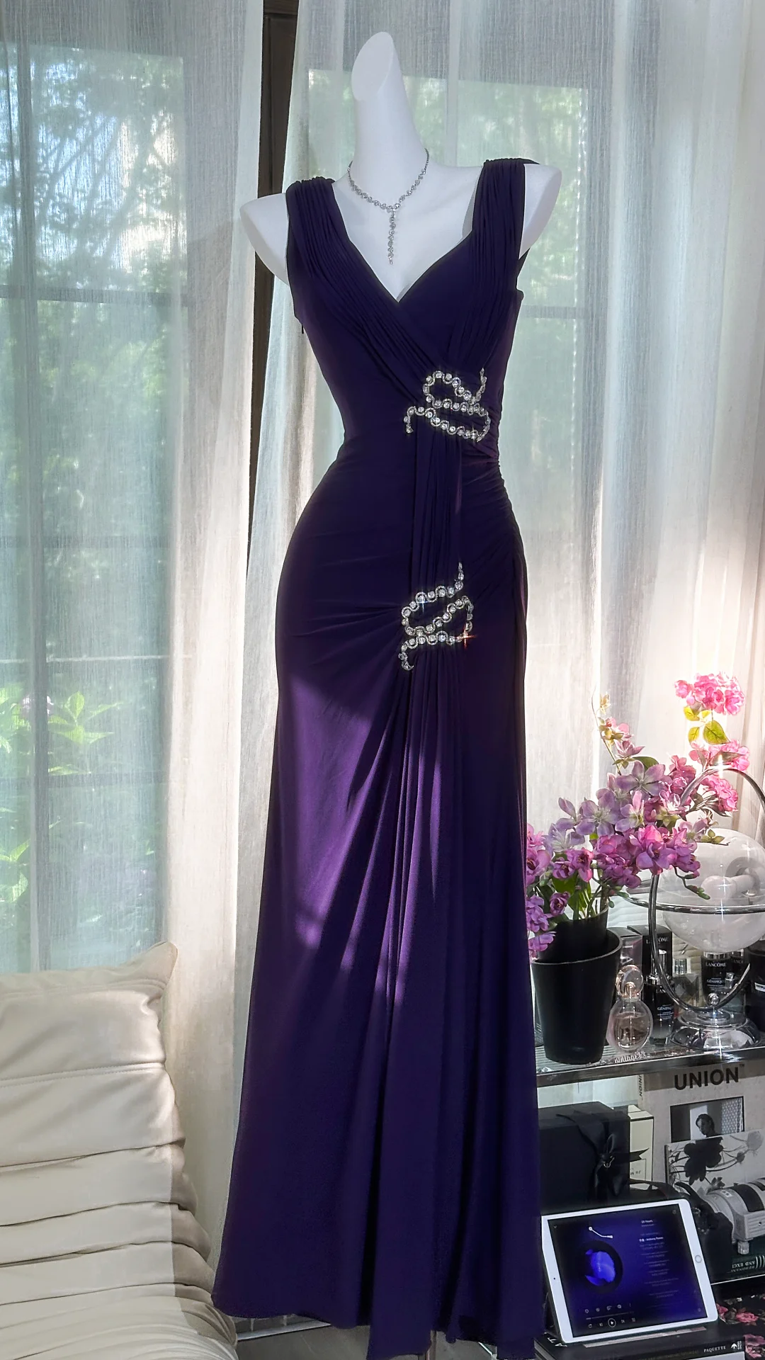 Retro Sexy Dark Purple Beaded Mermaid V Neck Chiffon Evening Dress Party Dress SH3474