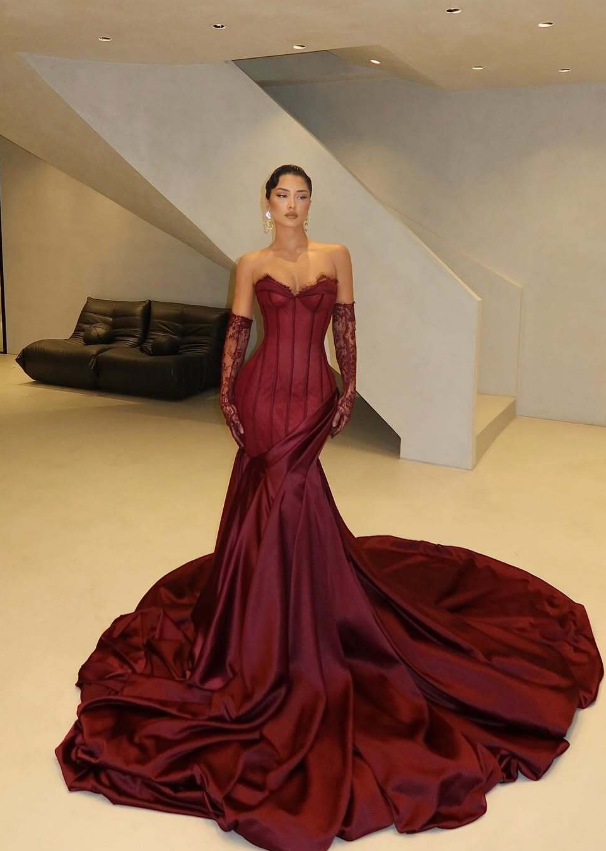 Sexy Burgundy Mermaid Strapless Lace Tulle Satin Prom Dress Wedding Guest Dress SH4700