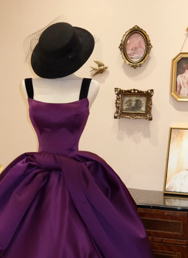 Elegant Purple A Line Strap Satin Prom Dress Evening Dress SH7376