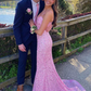 Pink Sequin Plunge V Mermaid Long Prom Dress SH654