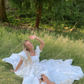 Cute A Line Puff Sleeves White Satin Long Prom Dress Birthday Dress with Slit SH2073